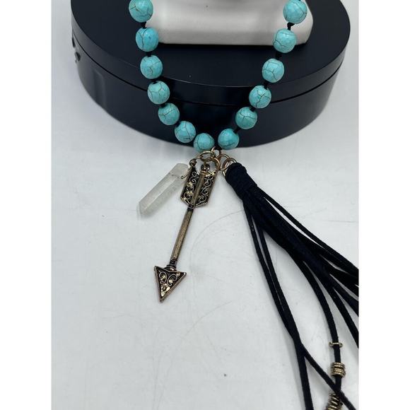 Jane Marie Hand Knotted Black leather Tassel Blue Faux Turquoise Arrow Pendant - Picture 2 of 15